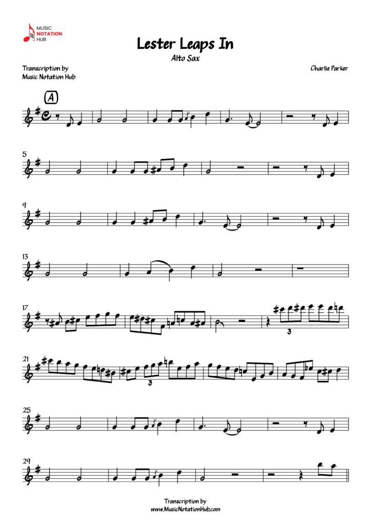 Saxophone Transcription Sheet Music Sample